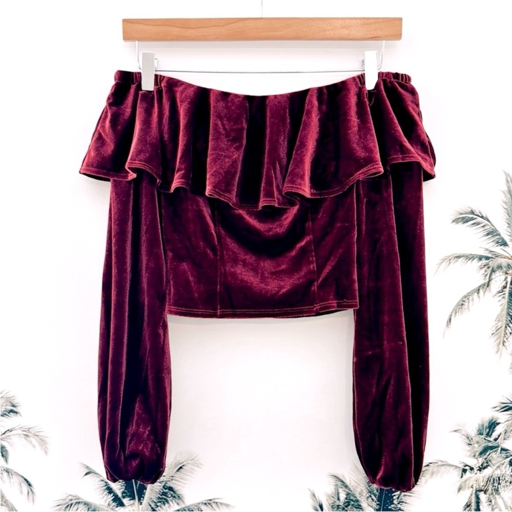 Forever 21 Velvet Off Shoulder Ruffle Crop Top Holiday Long Sleeve Blouse Maroon